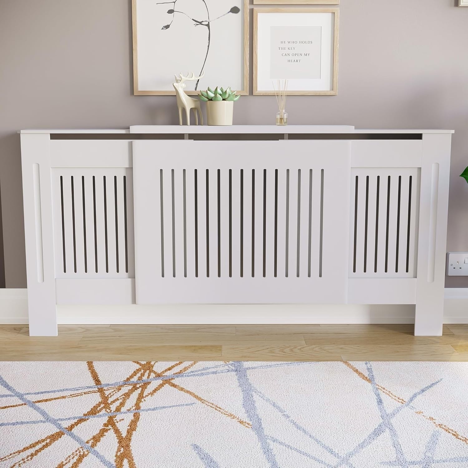 Adjustable White Radiator Cover | Modern Slatted MDF Heater Cabinet with Shelf