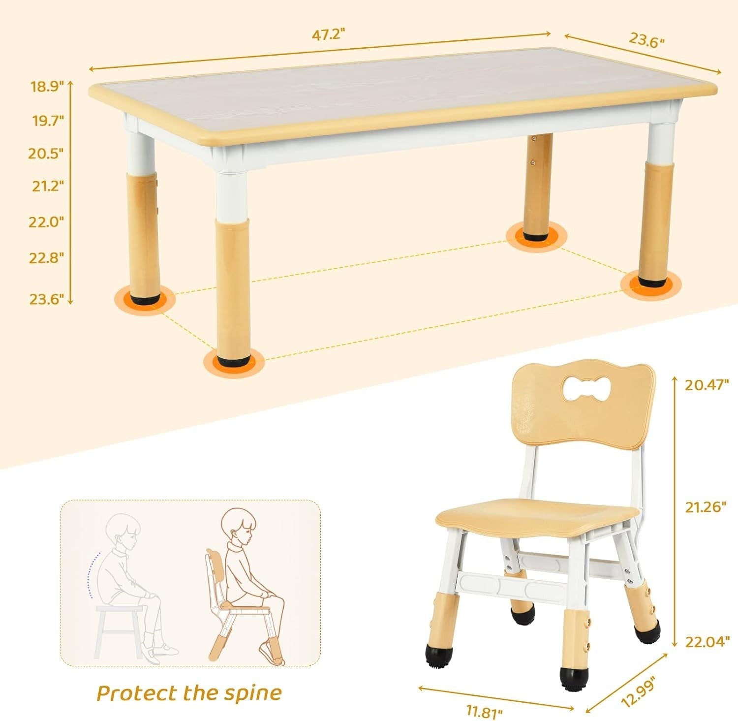 Kids Table and 4 Chairs Set Adjustable Height Study Play Dining Furniture Yellow