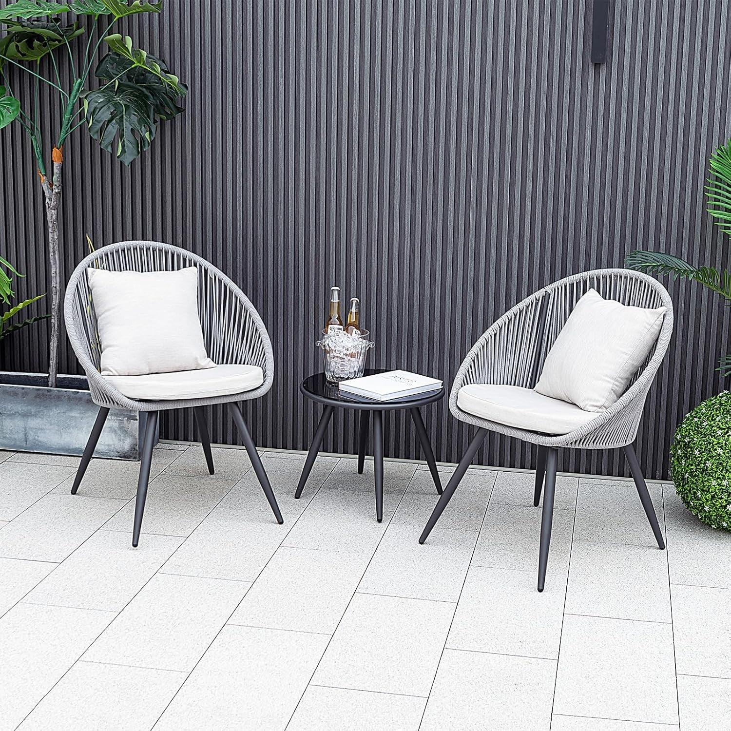 3pc Outdoor Rattan Bistro Set Chairs & Glass Table for Patio Garden
