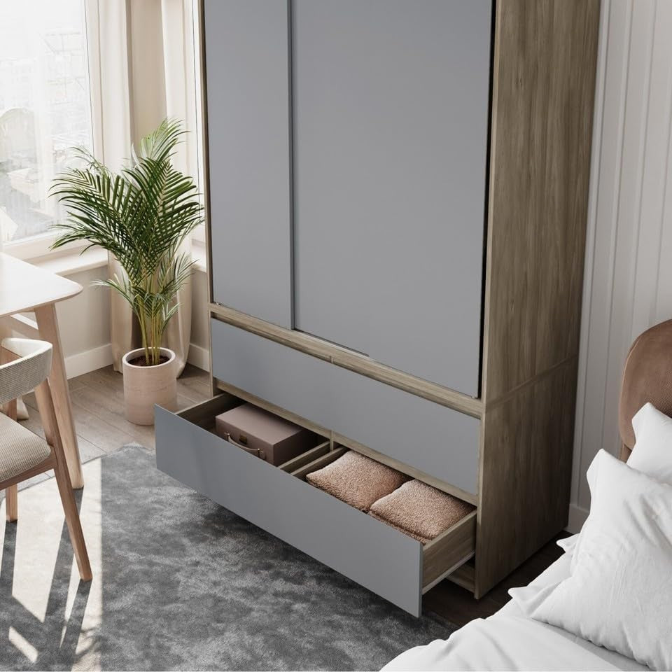 Grey Sliding Door Wardrobe 4 Drawers Hanging Rail Modern Storage Unit