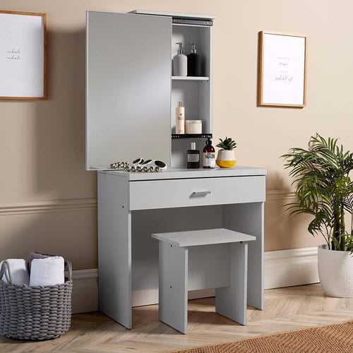 Grey Dressing Table Vanity Set with Mirror & Stool Storage Makeup Desk 40D x 75W