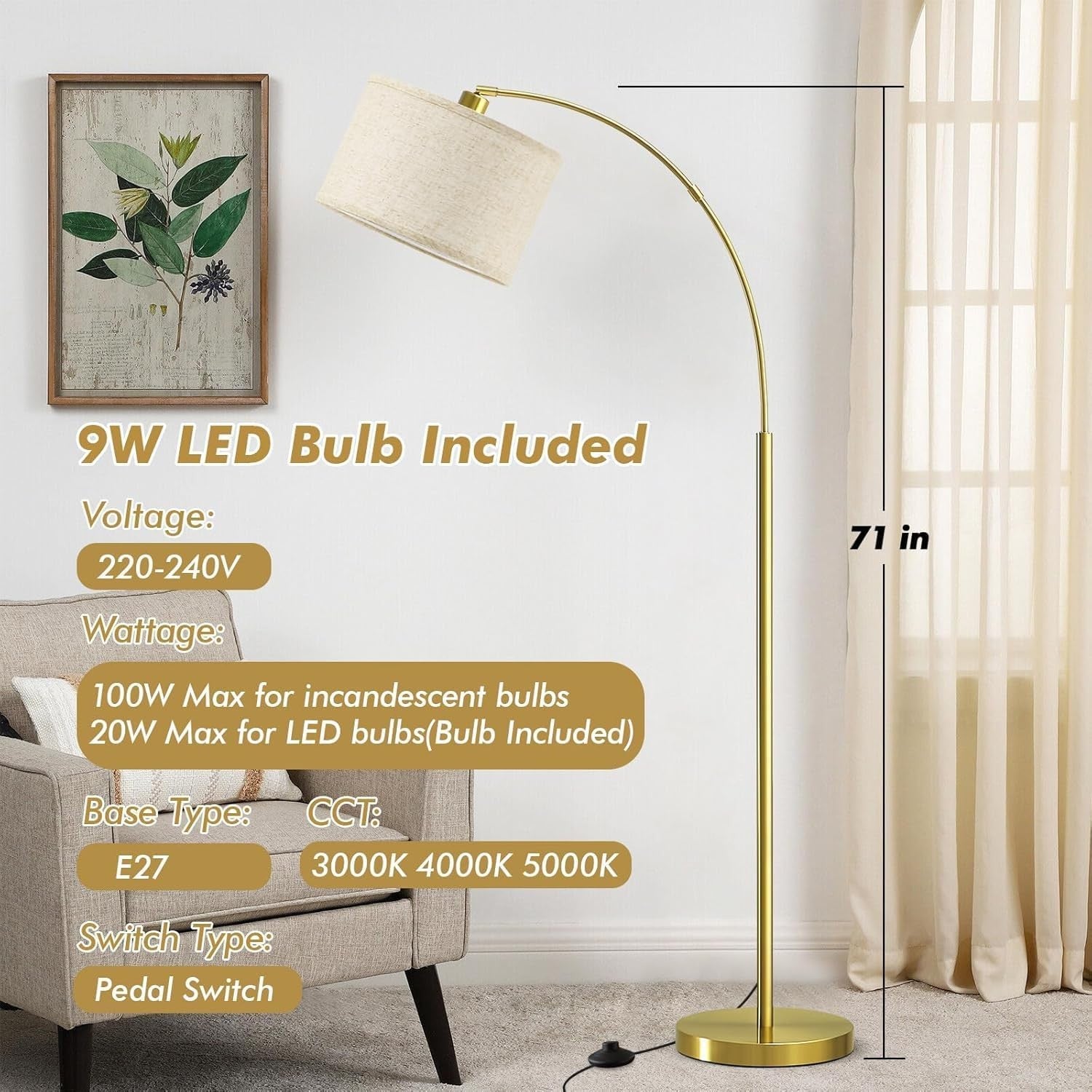 Gold Arc Floor Lamp Adjustable Head Tall Standing Light with Fabric Shade