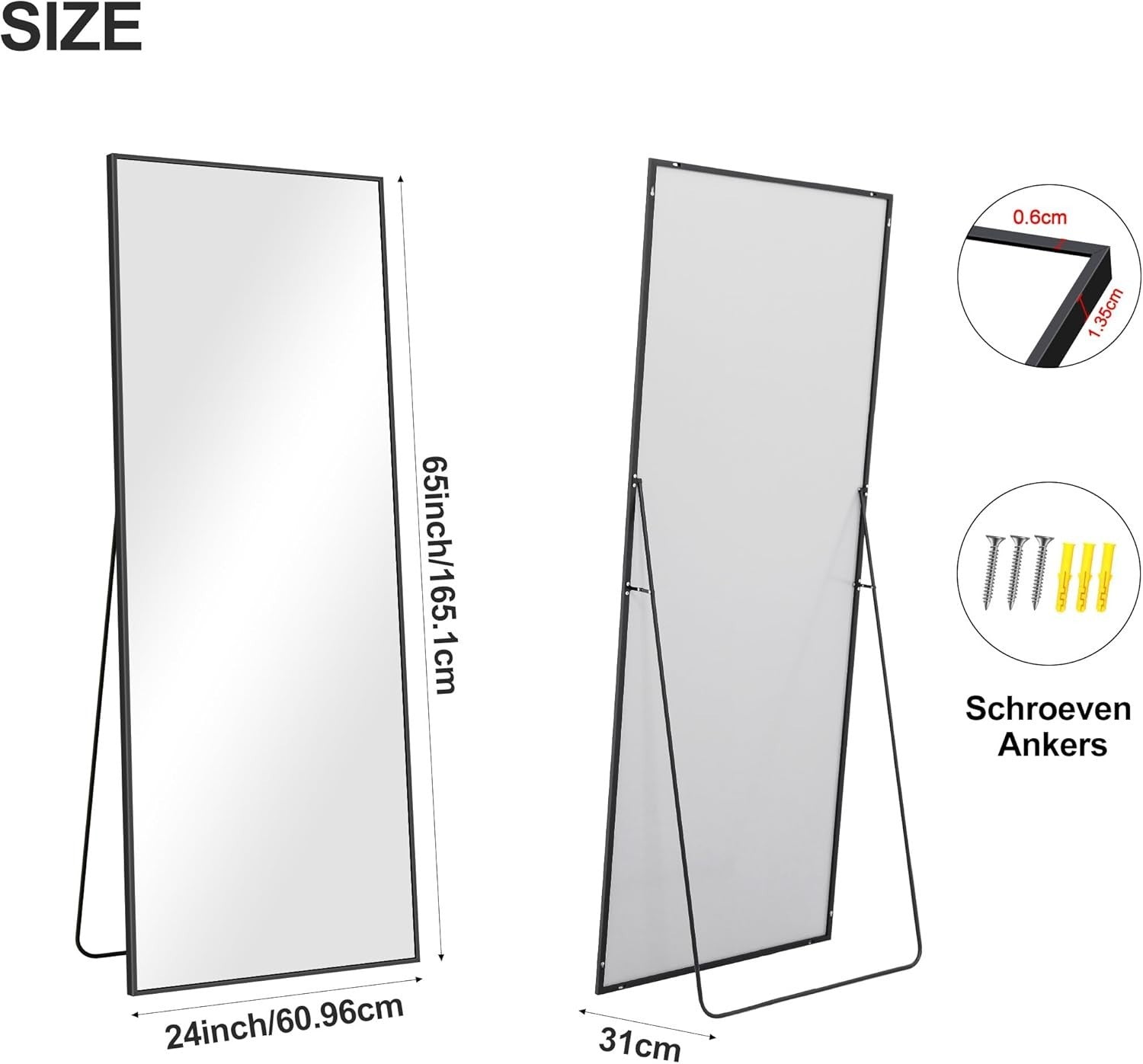 Full Length Mirror 165x60cm Wall Leaning or Standing Modern Black Frame