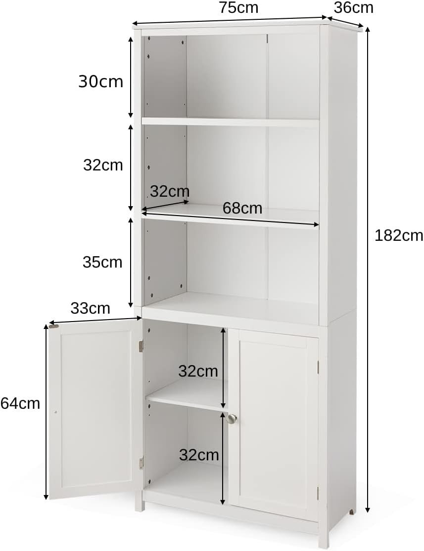 White Wooden Storage Cabinet with 3 Open Shelves & 2 Doors for Home