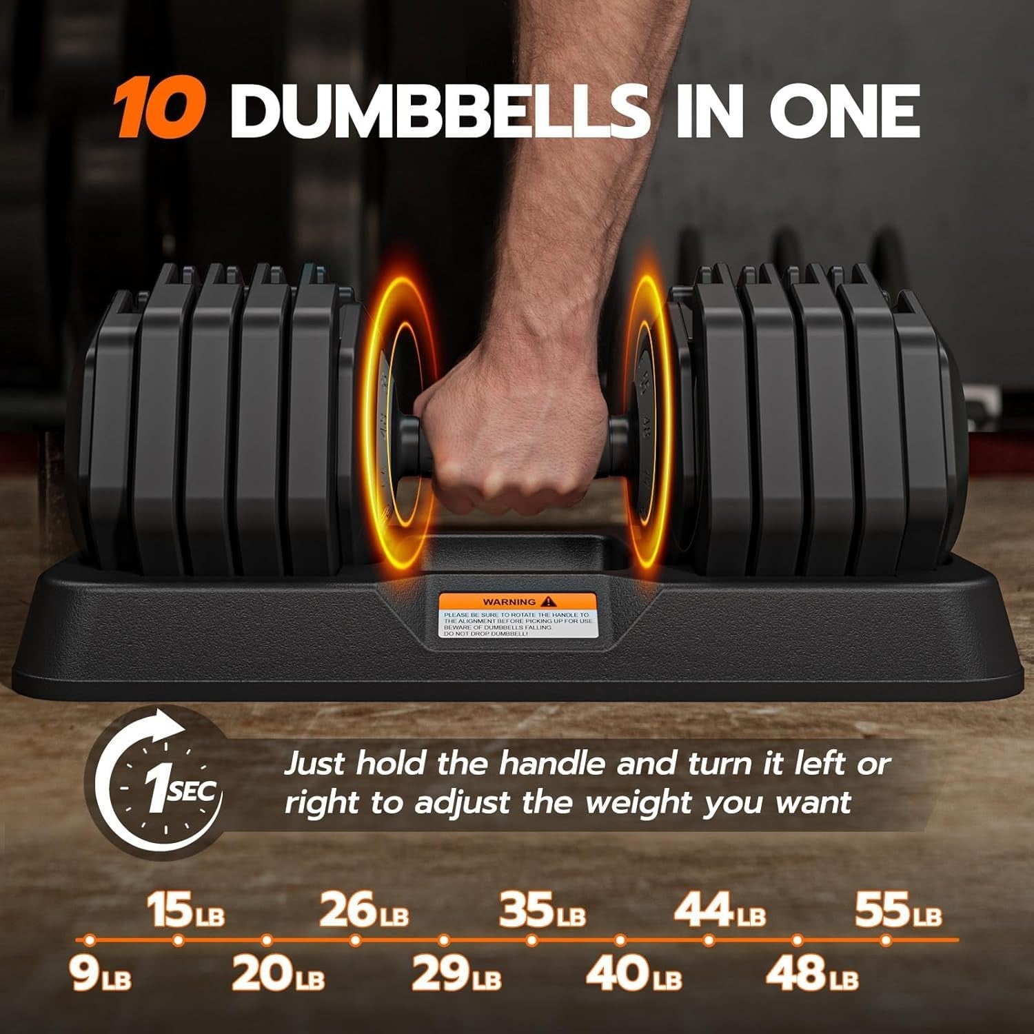 55lb Adjustable Dumbbell Single 10-in-1 One-Hand Dial Non-Slip Home Gym