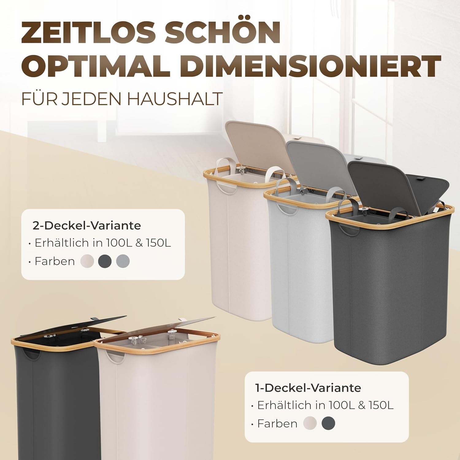 150L Foldable Laundry Hamper Bamboo Lid 2 Compartments Large Beige Basket