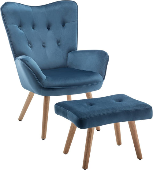 Blue Velvet Armchair with Footstool, Comfy Reading Lounge Chair Set