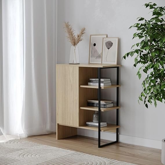 Modern 60cm Bedside Cabinet with Shelves, Steel & Wood Storage Unit for Home