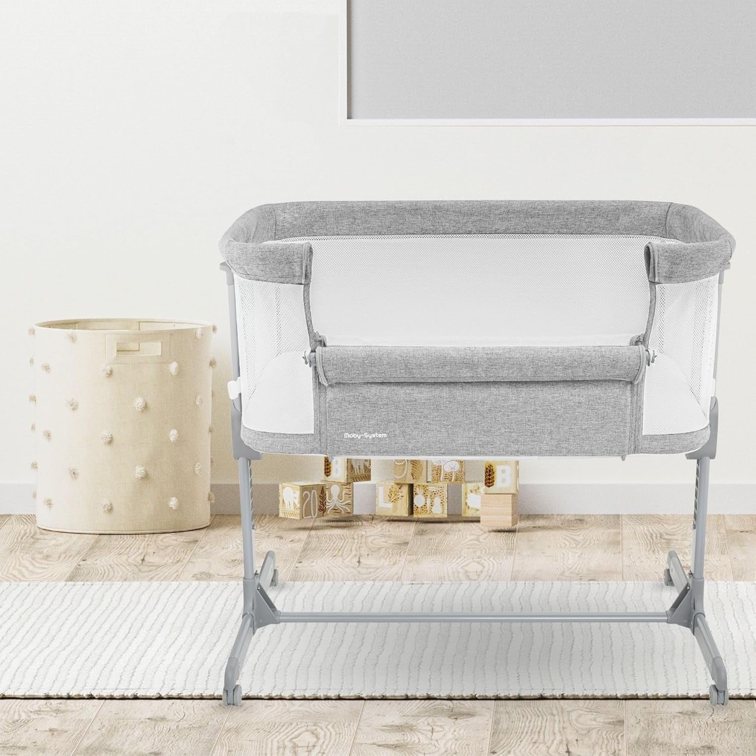3in1 Baby Bedside Crib Travel Cot with Mattress Adjustable Height & Wheels