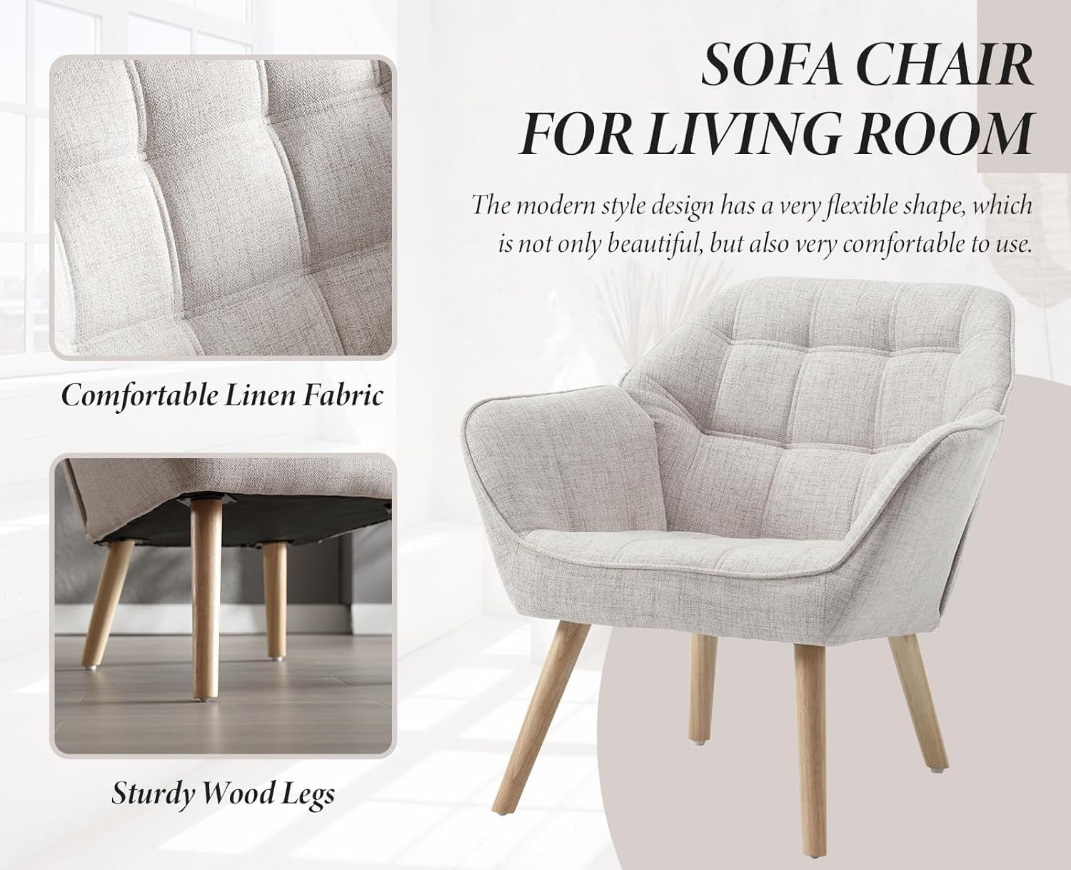 Linen Accent Armchair Beige Upholstered Tub Chair Wood Legs