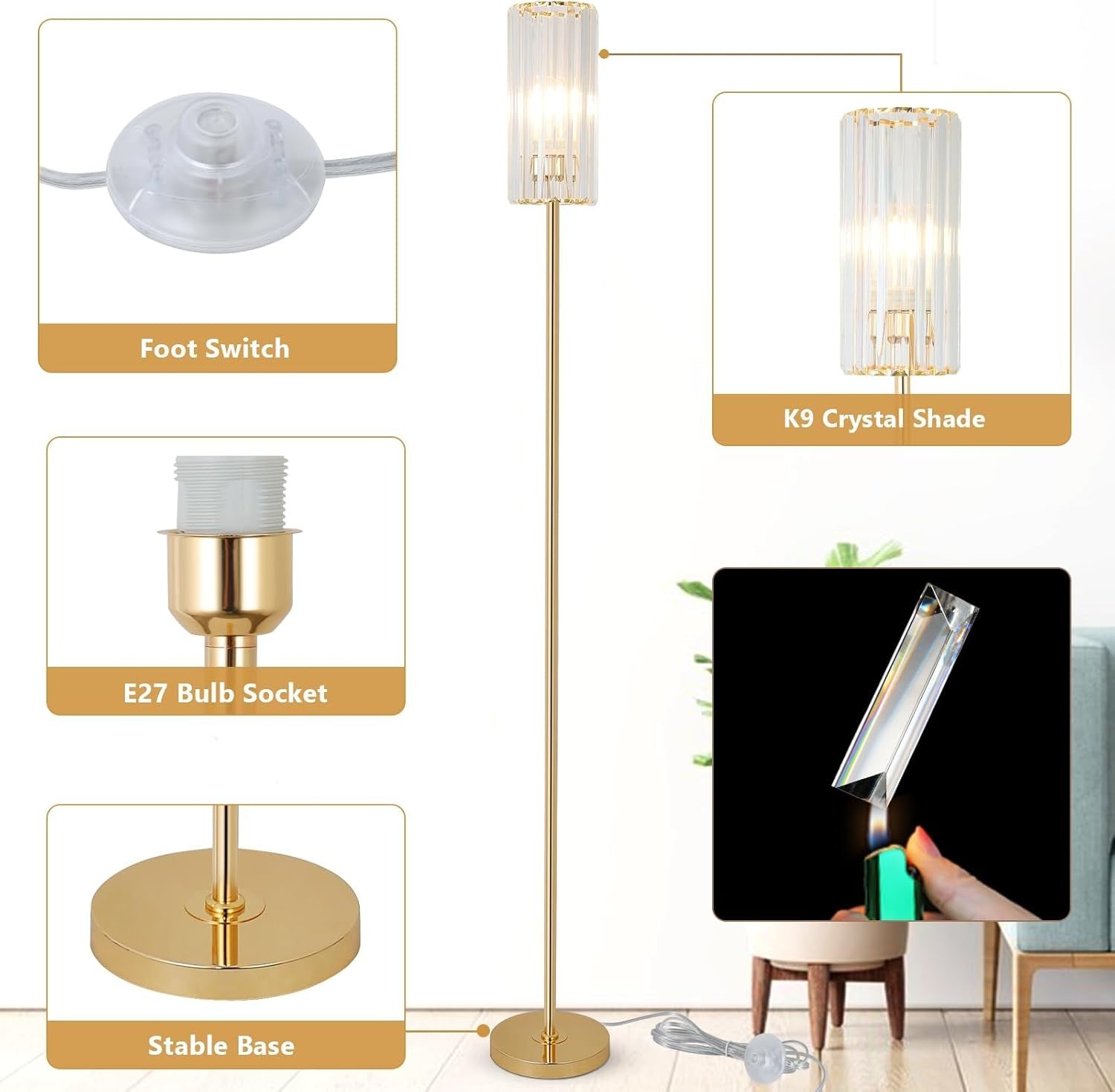Gold Crystal Floor Lamp Glass Shade Tall Corner Standing Light E27