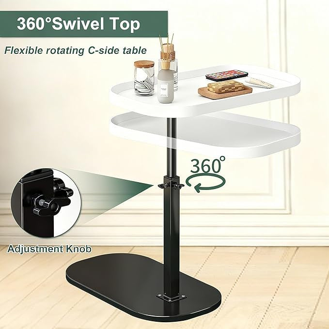 C Shaped Side Table Adjustable Height Swivel Laptop Sofa Bed Marble White