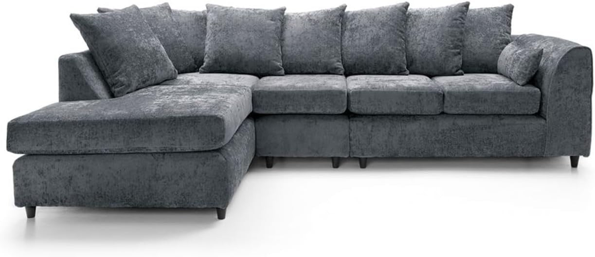 5 Seater Left Hand Corner Sofa – Charcoal Grey Chenille L Shape Couch Set