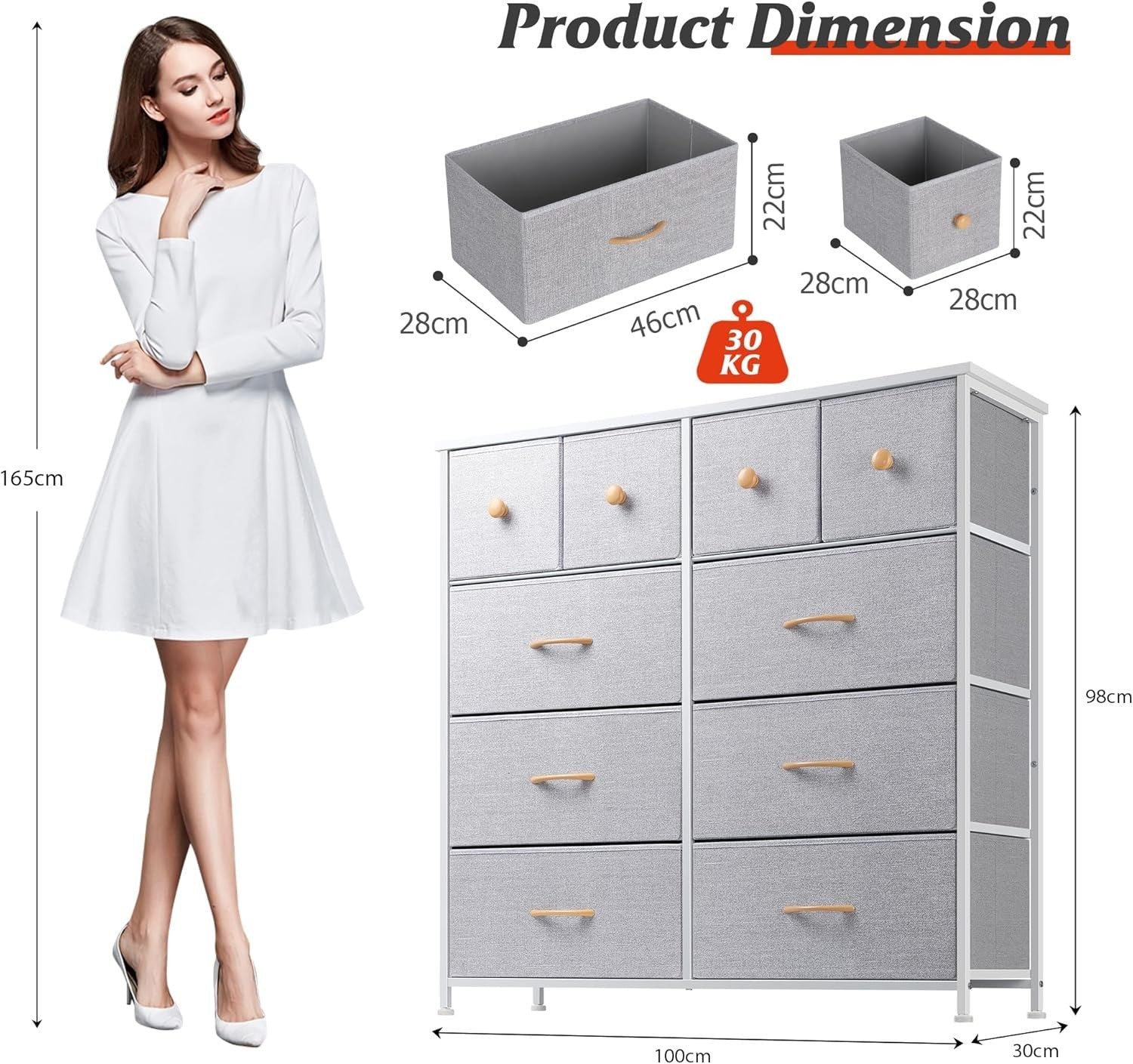 Tall Fabric Chest of Drawers 10 Drawer Storage Unit for Bedroom Hallway