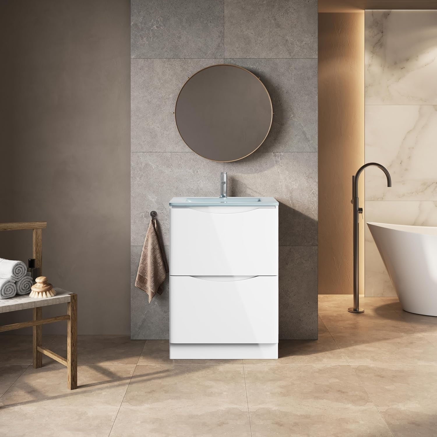 Eaton White Floor Standing Vanity Unit Includes White Glass Basin Bathroom Furni