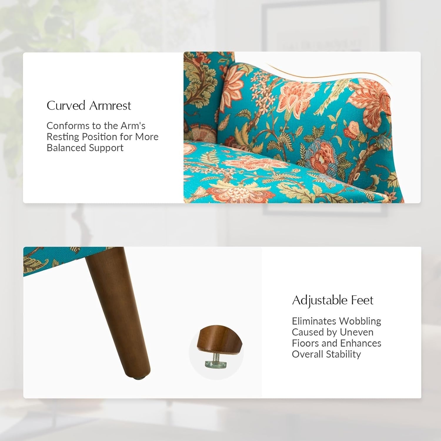 Wingback Accent Armchair Teal Floral Fabric Chair Lounge Office Home