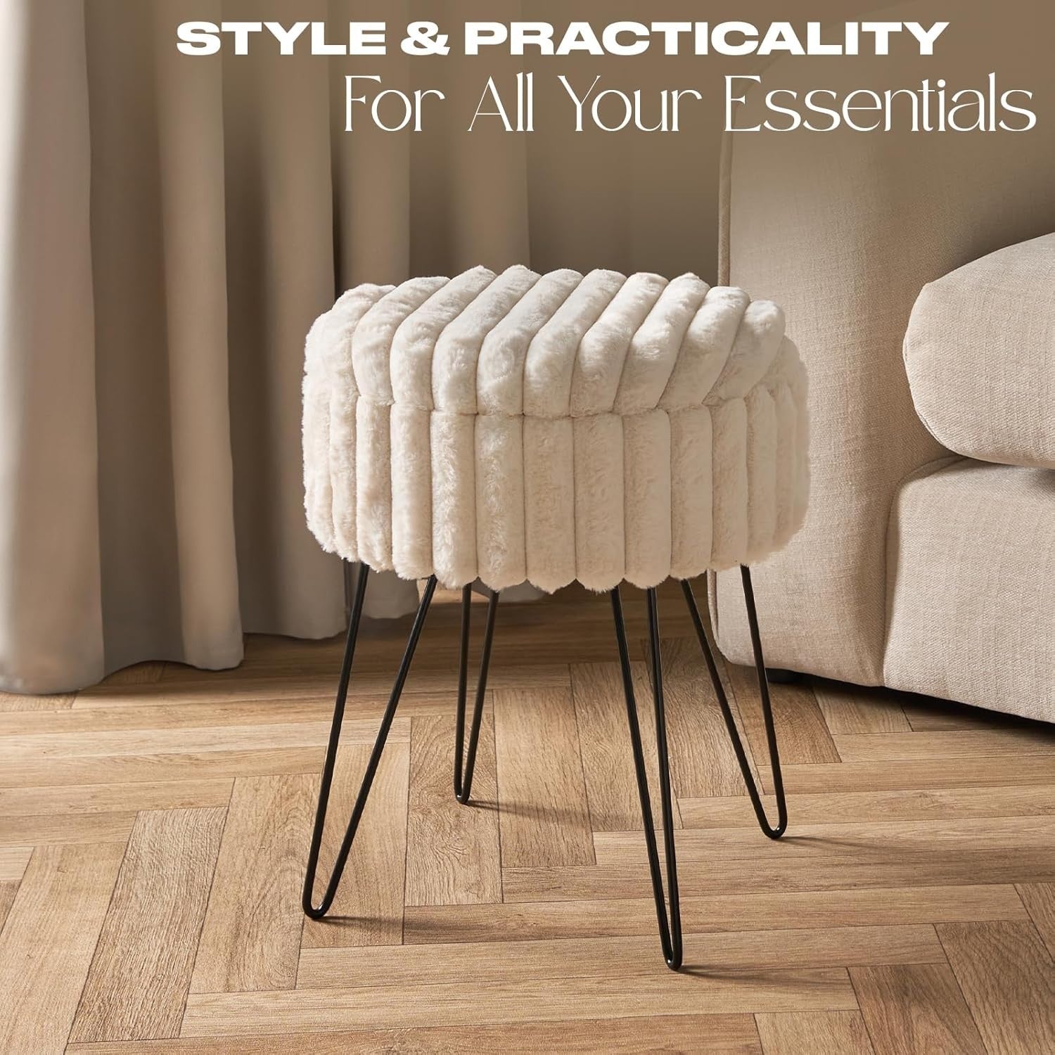 Cream Faux Fur Storage Stool Round Vanity Seat Hairpin Leg Ottoman