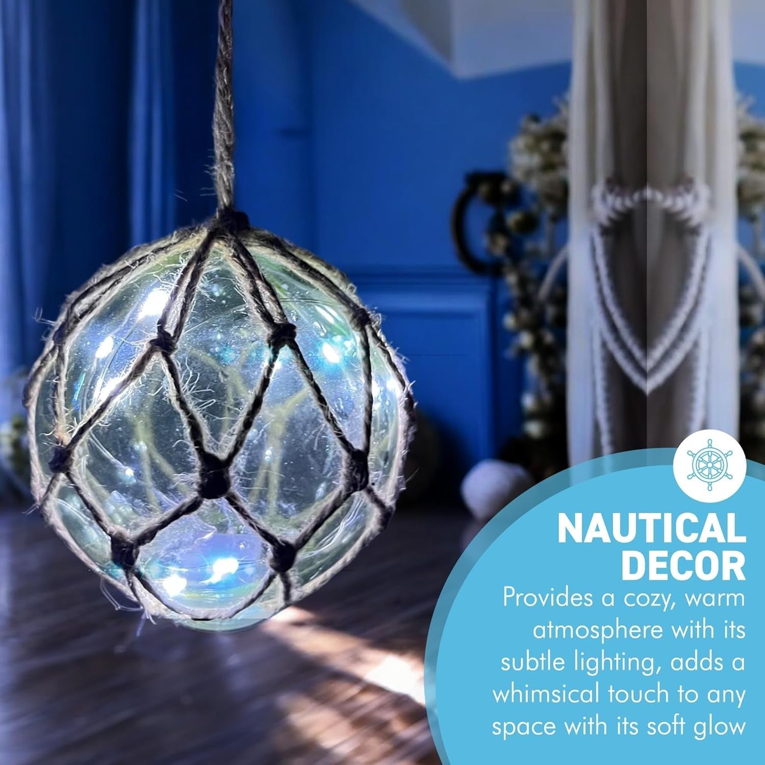 Green Glass Fishing Buoy LED Light Nautical Decor Hanging Tiki Bar Ornament 10cm