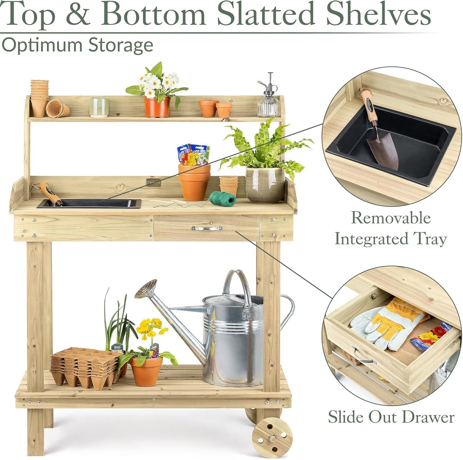 Wooden Garden Potting Table With Wheels Tray Drawer Shelves Outdoor Bench