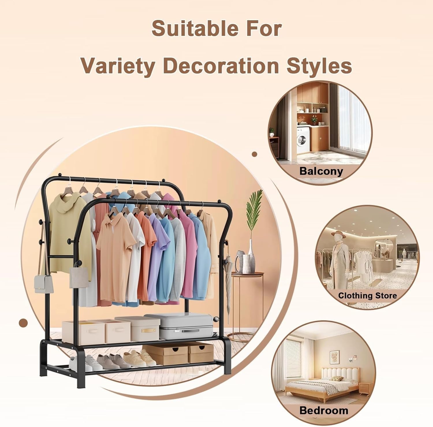 Heavy Duty Double Clothes Rail with Shelf & Hooks – Black