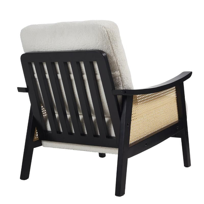 Mid-Century Rattan Armchair White Teddy Fur Seat Retro Lounge Accent