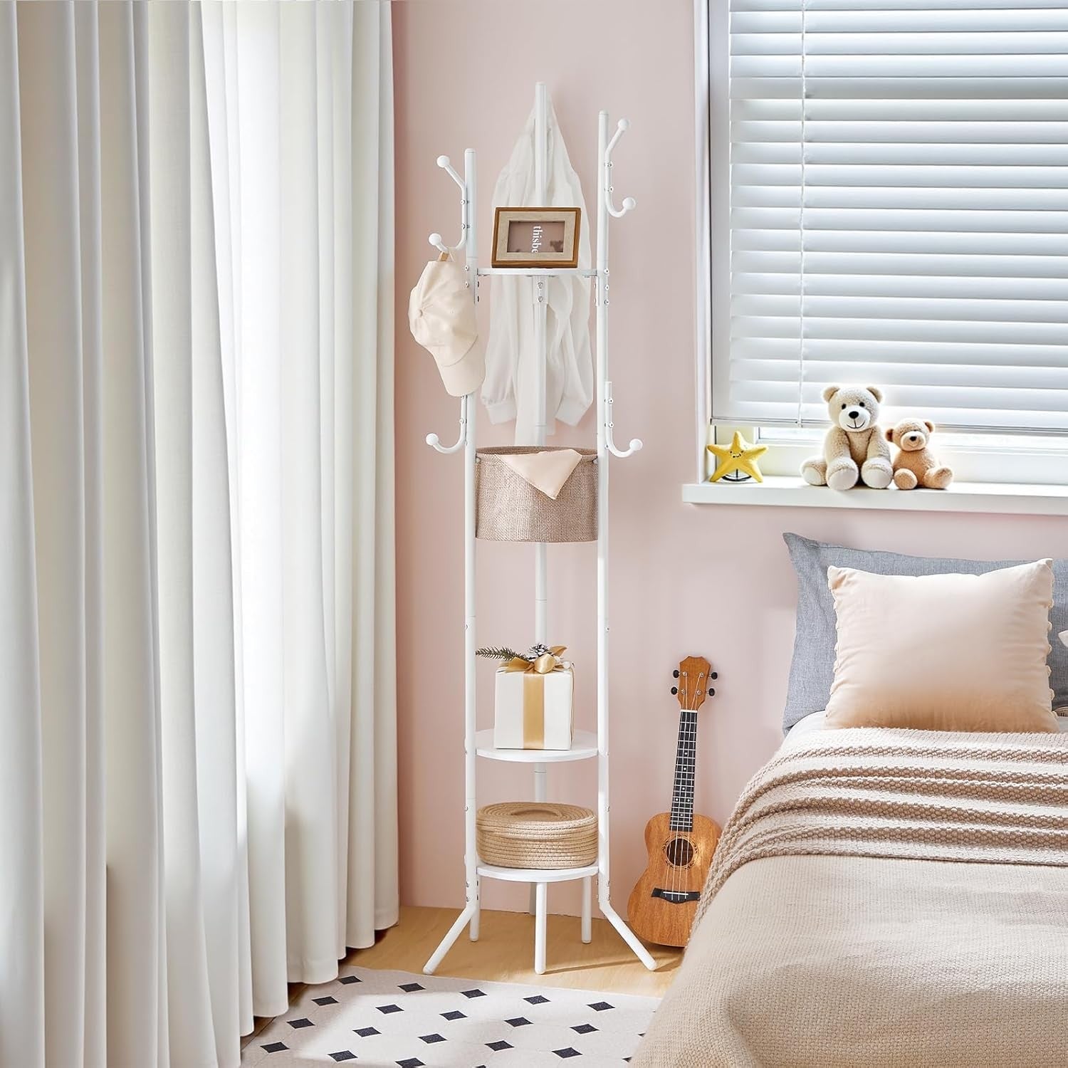White Coat Rack with Shelves | Freestanding Hall Tree Organizer Stand 184cm Tall