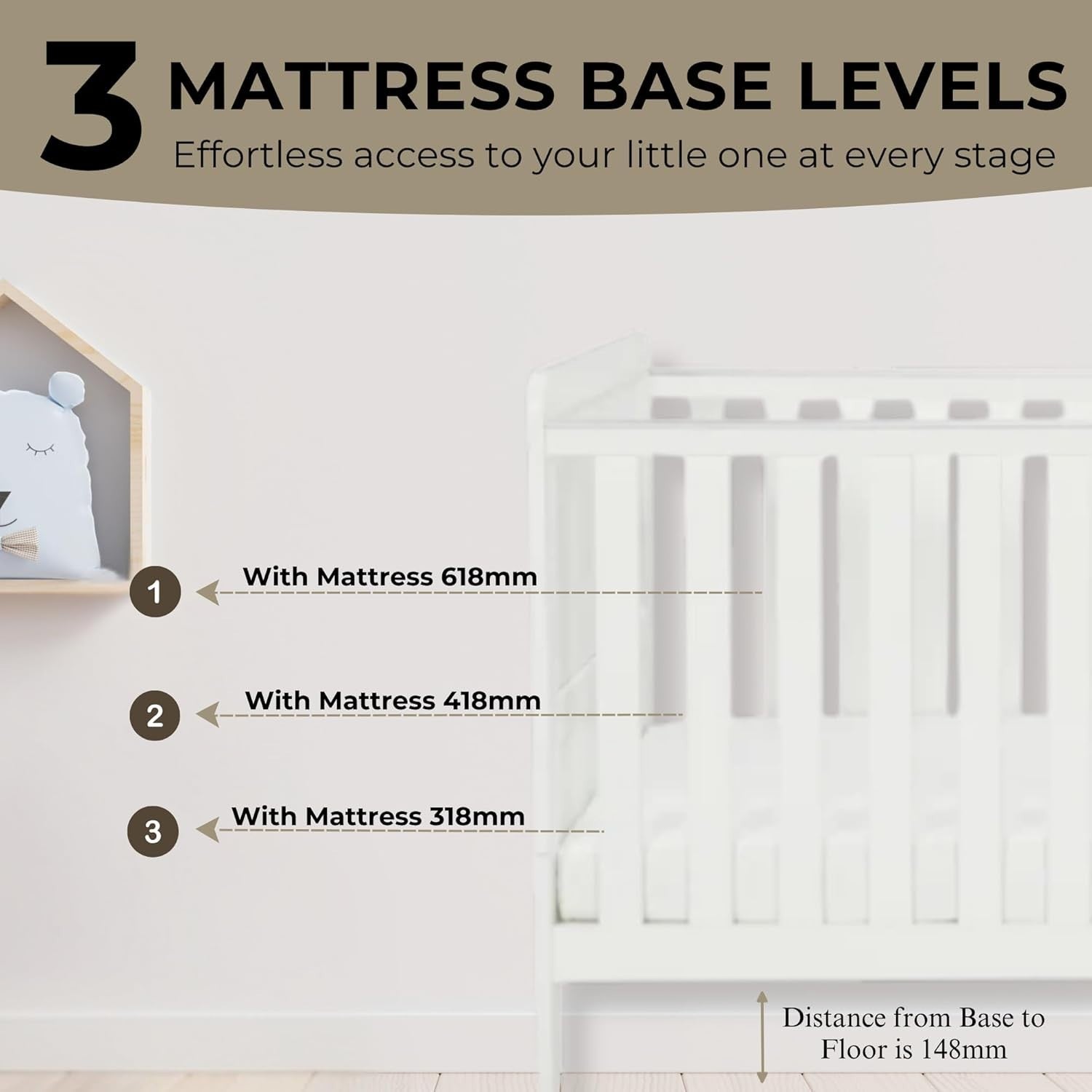 Convertible Baby Cot Bed Toddler Bed Adjustable Height w/ Teething Rails White