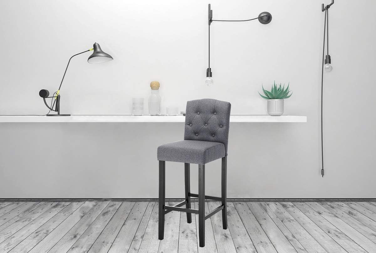 Dark Grey Bar Stool Set 2 – Linen Seat High Counter Kitchen Chairs