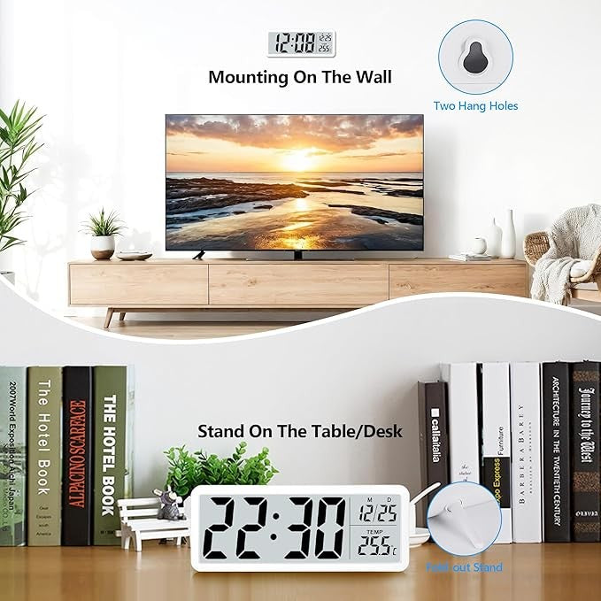 Large Digital Wall Clock Big Display Temp Date 12/24Hr Battery Powered Home