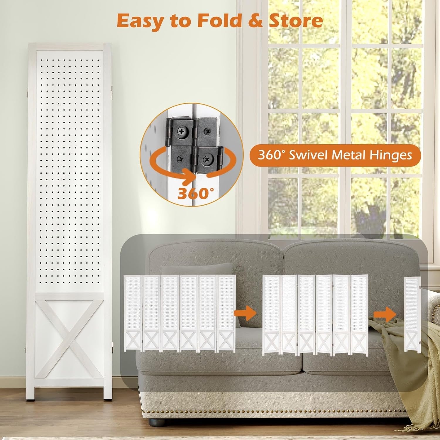 6 Panel White Wooden Folding Room Divider with Pegboard Display 246x170cm