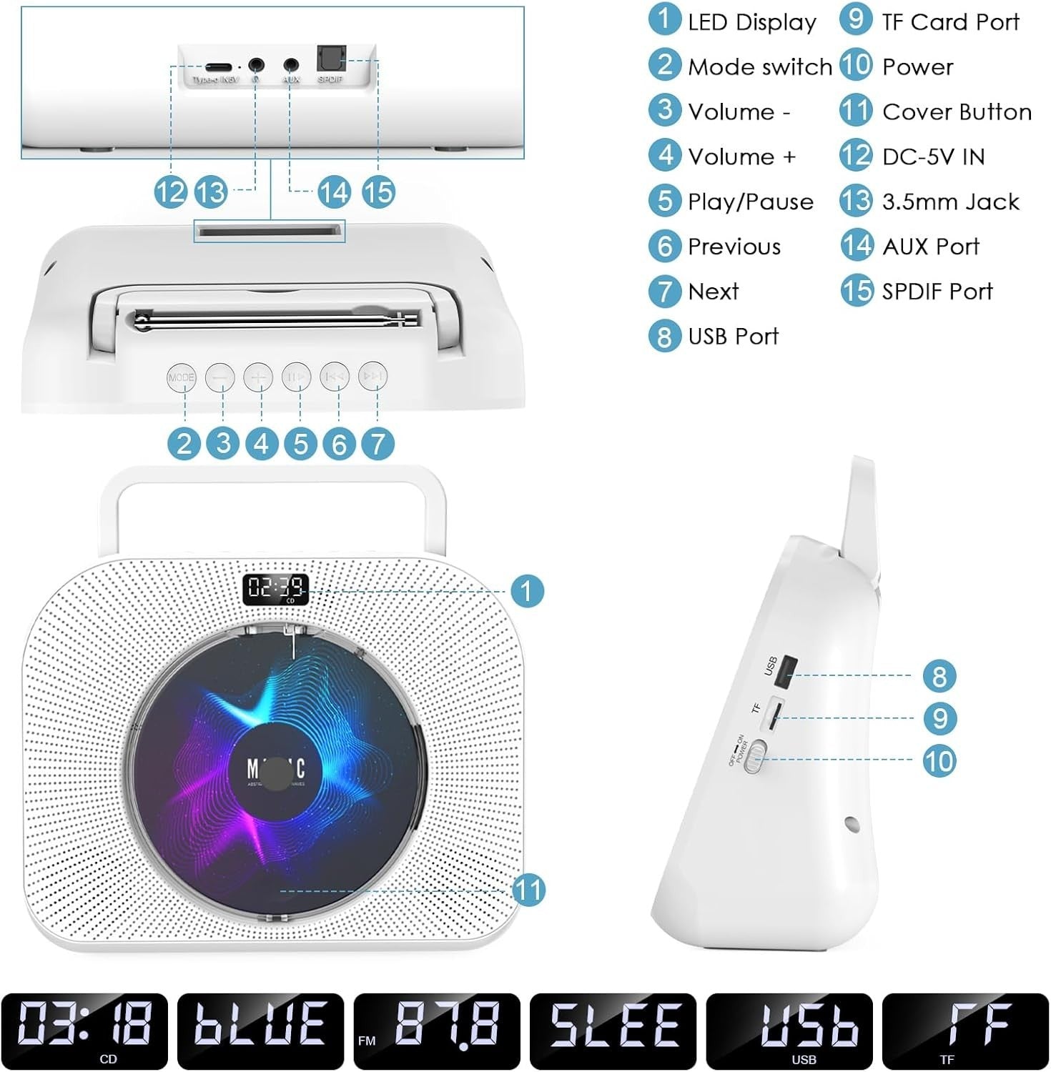 Bluetooth CD Player FM Radio USB TF AUX Sleep Timer Remote White