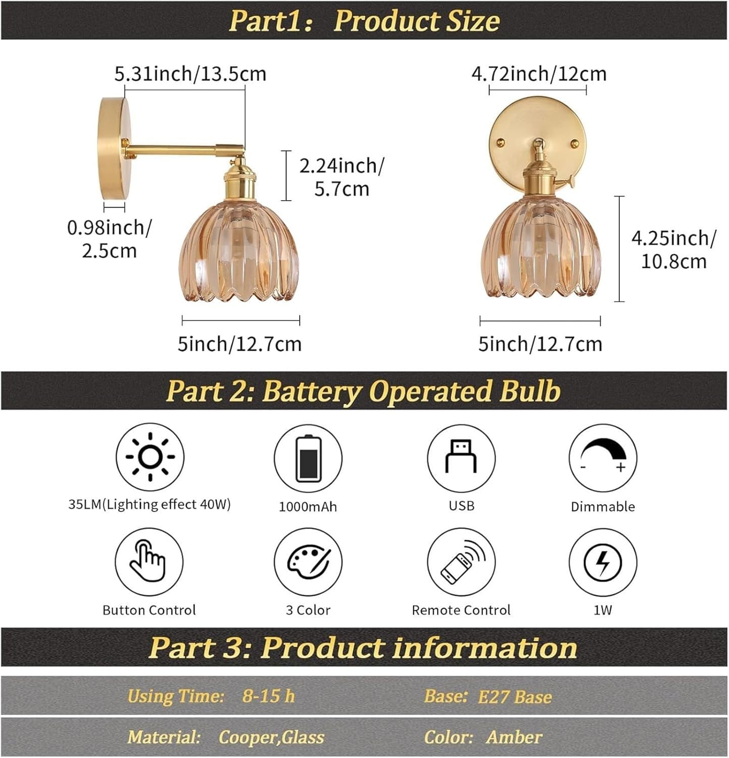 Set of 2 Rechargeable Wall Sconces with Remote, 12 Color Dimmable LED Lights