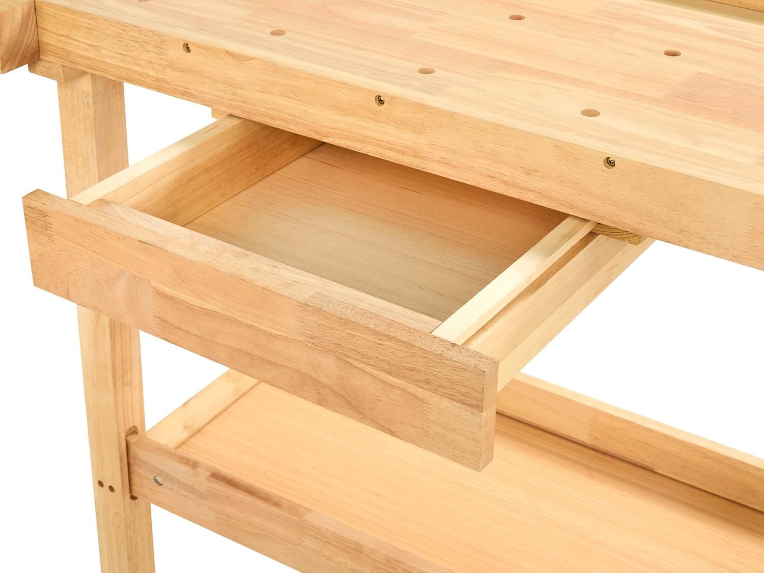 Heavy-Duty Wooden Workbench 142cm with Vices, Drawer & Storage Shelf