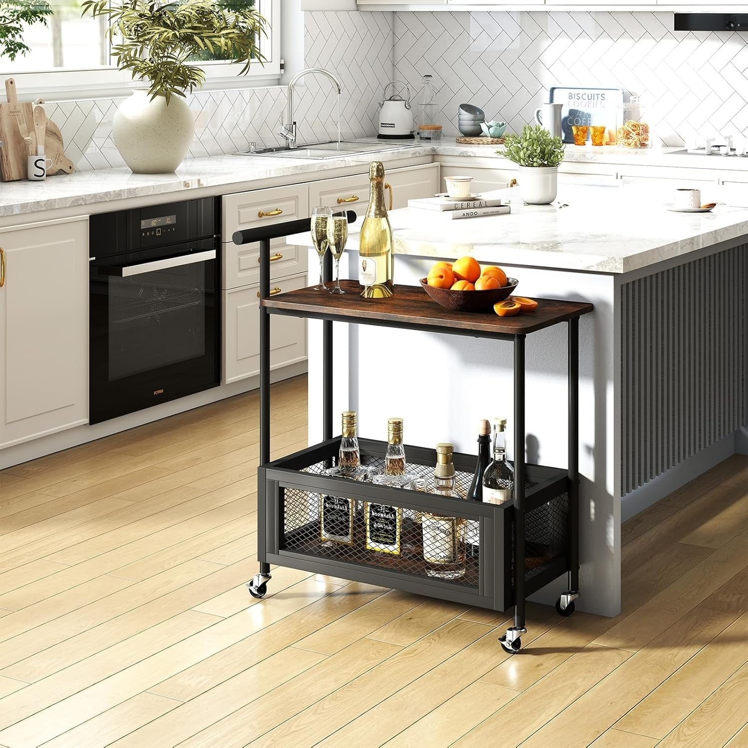 3 Tier Rolling Bar Cart Rustic Serving Trolley Drinks Storage Wheels