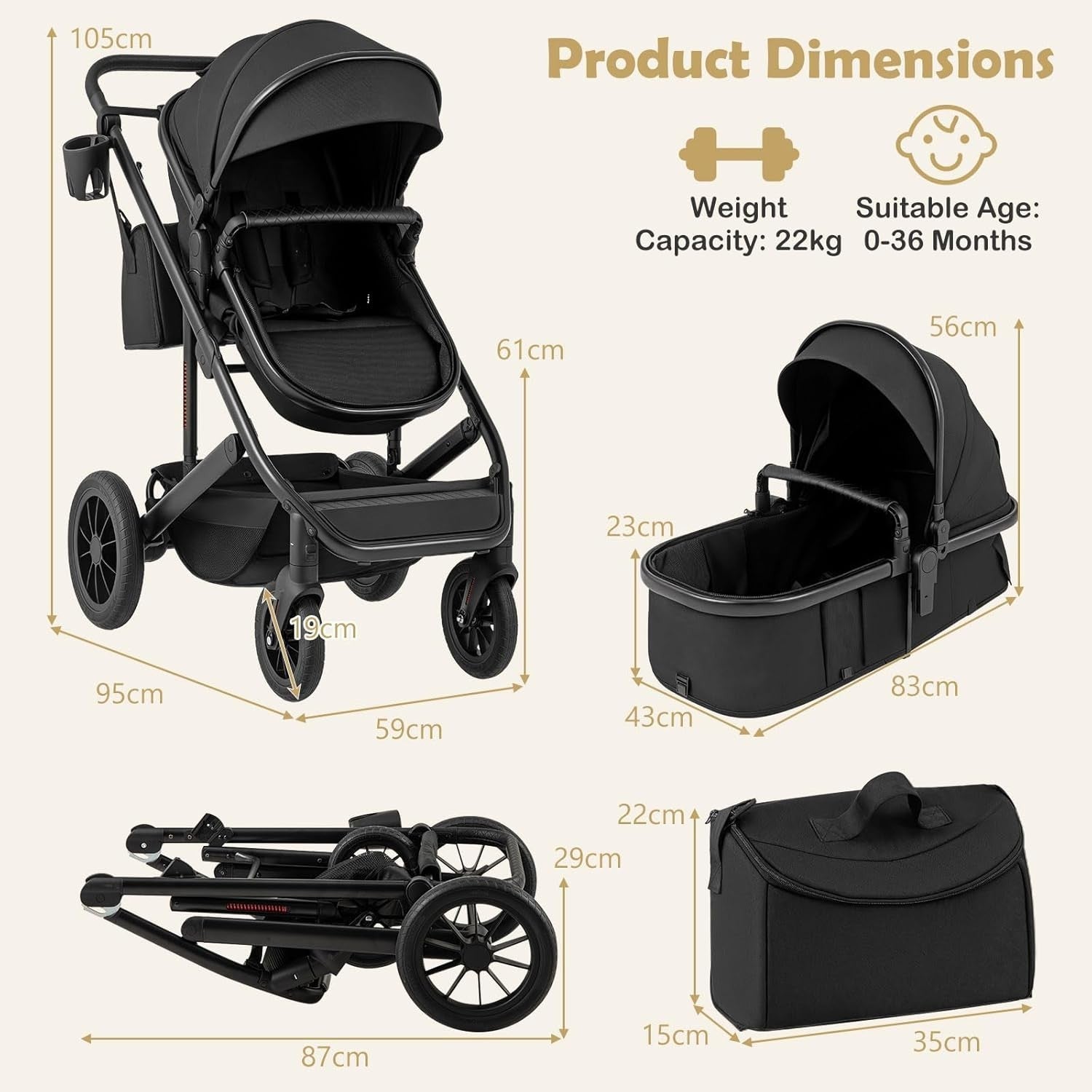 3in1 Baby Stroller Travel System Foldable Pushchair Reversible Seat Bassinet