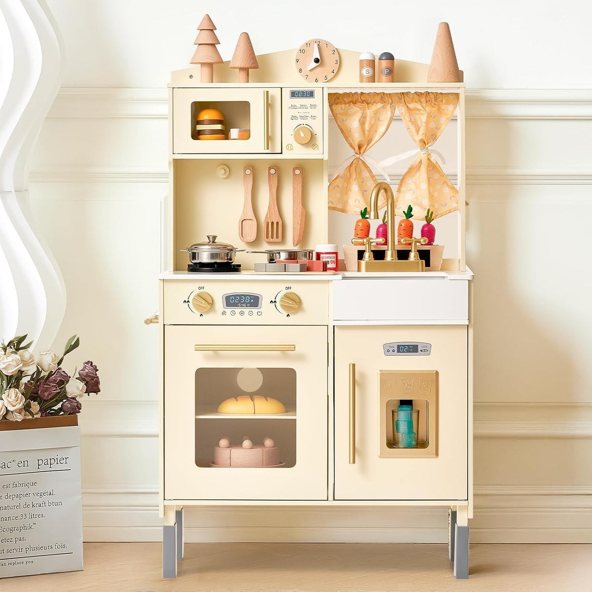 Wooden Kids Play Kitchen w/ Ice Maker Microwave Oven Accessories