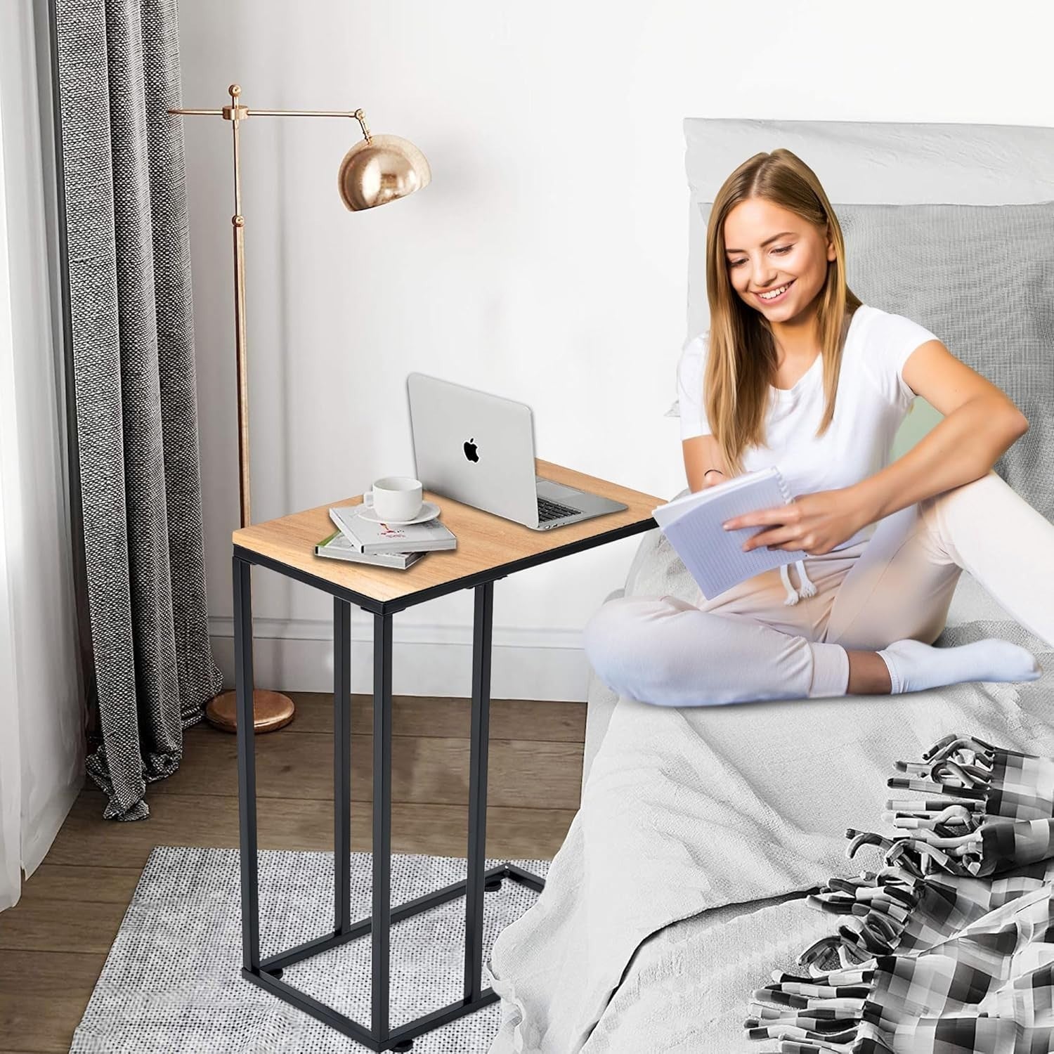 C Shaped Side Table Natural Wood | Sofa Bed Snack Coffee Laptop Stand