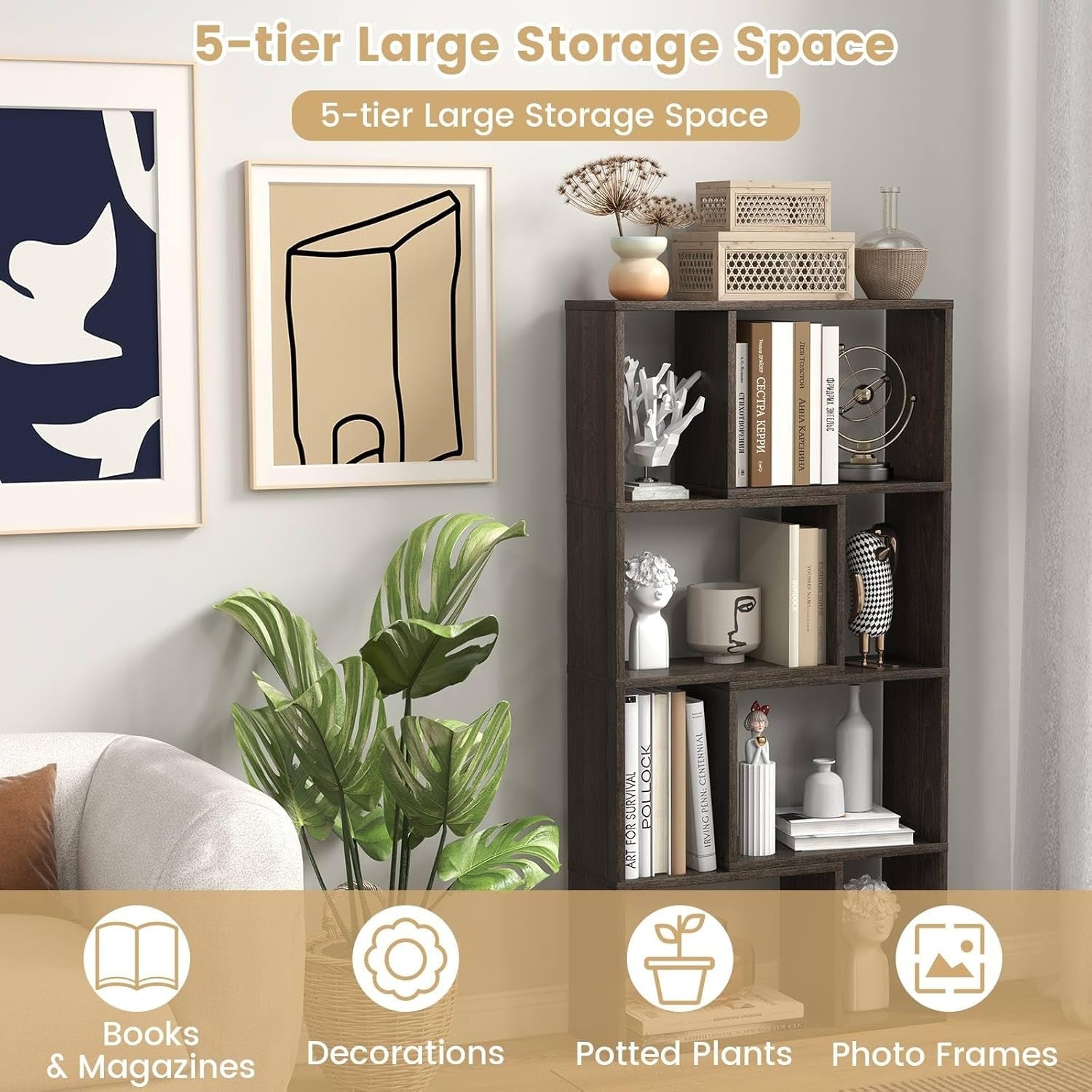 5-Tier Grey Geometric Bookcase Tall Cube Storage Shelf for Living Room Office