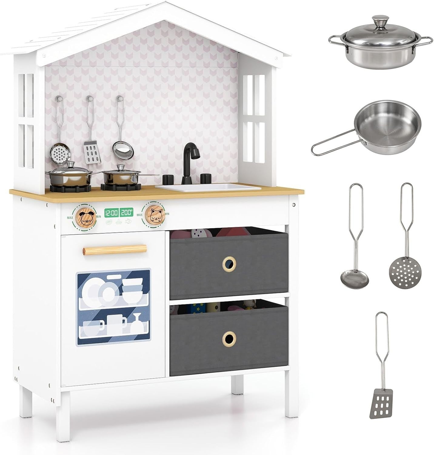 Wooden Kids Play Kitchen White w/ Dishwasher Sink Pots Role Play