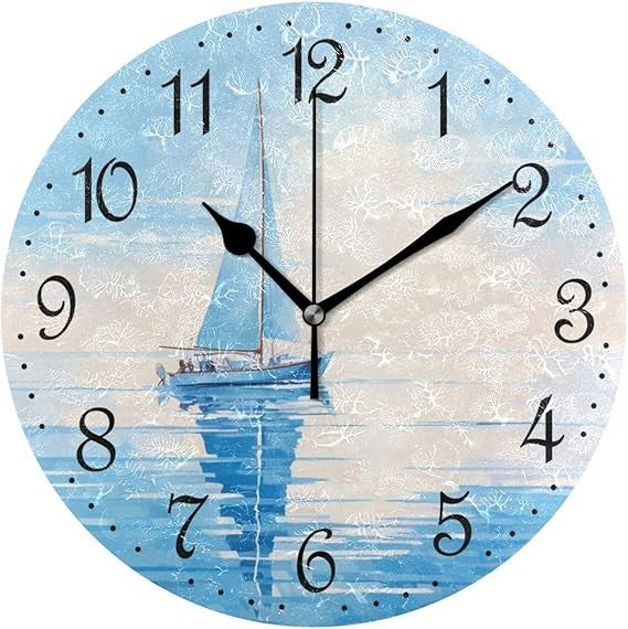 Sailboat Wall Clock 25cm Blue Ocean Art Silent Non-Ticking Nautical Home Decor