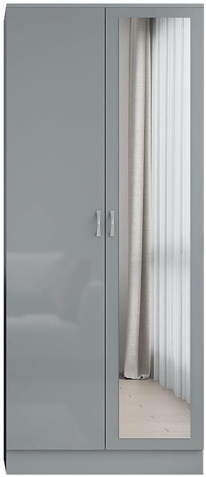 Mirrored 2 Door Soft Close Wardrobe Grey Gloss Bedroom Storage Modern 180cm