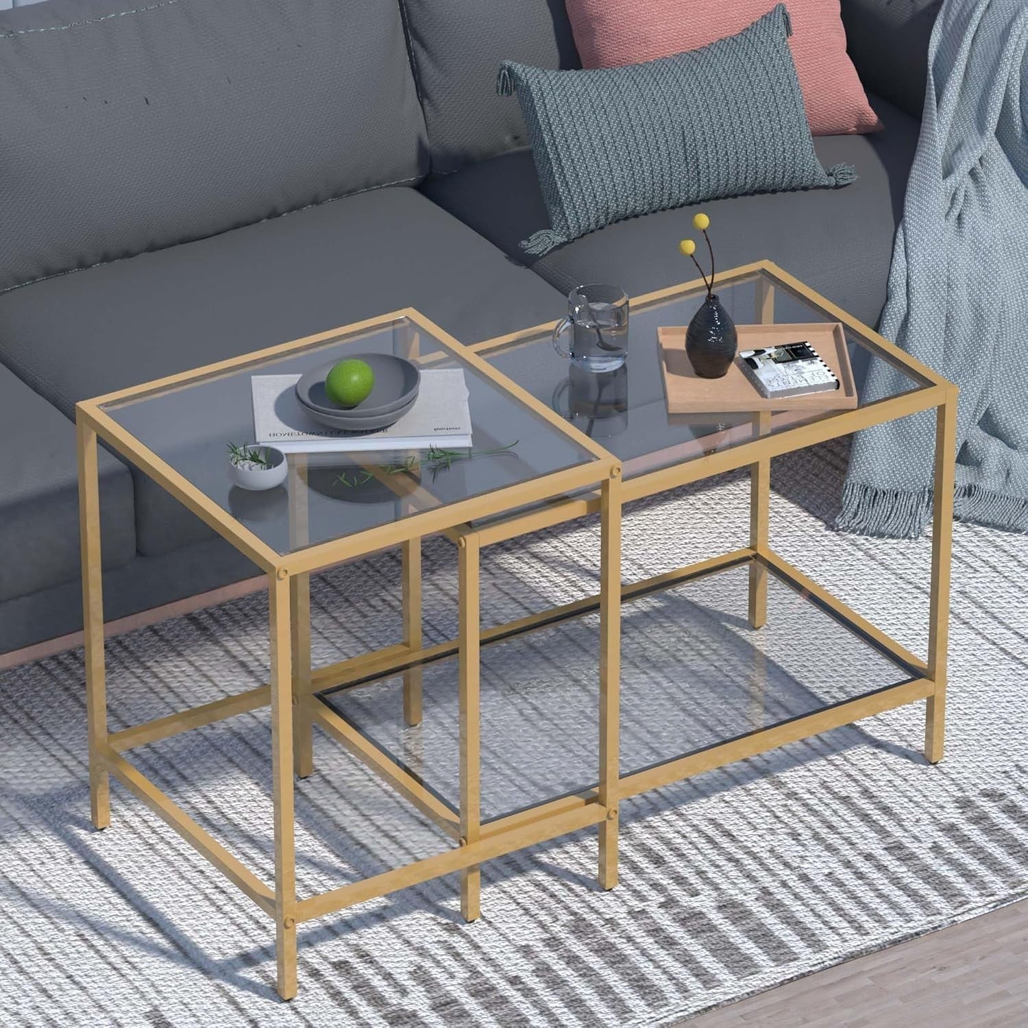 Glass Nesting Coffee Table Set 2 Side End Tables Modern Metal Frame Space Saving