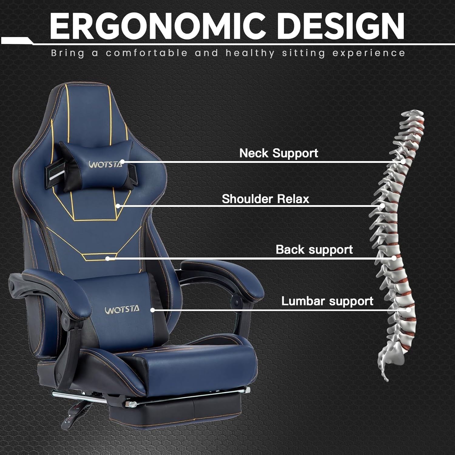 Ergonomic Gaming Chair with Footrest Lumbar Support Blue