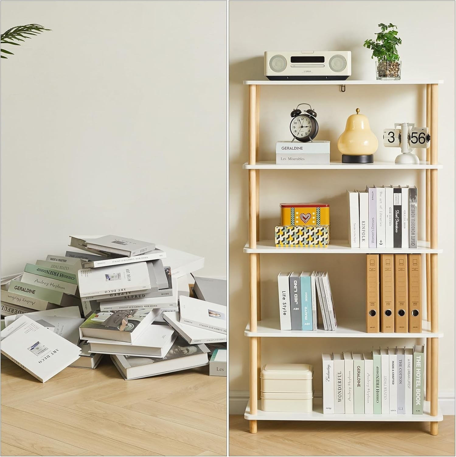 5 Tier Wooden Bookcase White Beech Legs Freestanding Storage Shelf 141cm