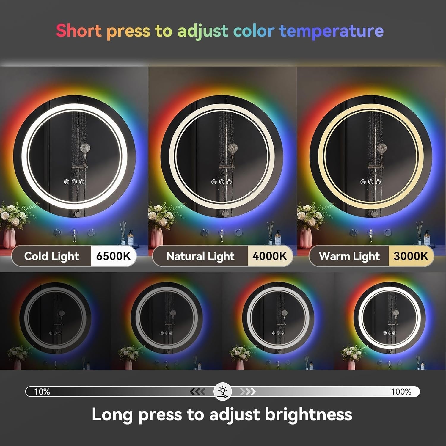 LED Bathroom Mirror 60cm Round RGB Dimmable Anti-Fog Touch Control