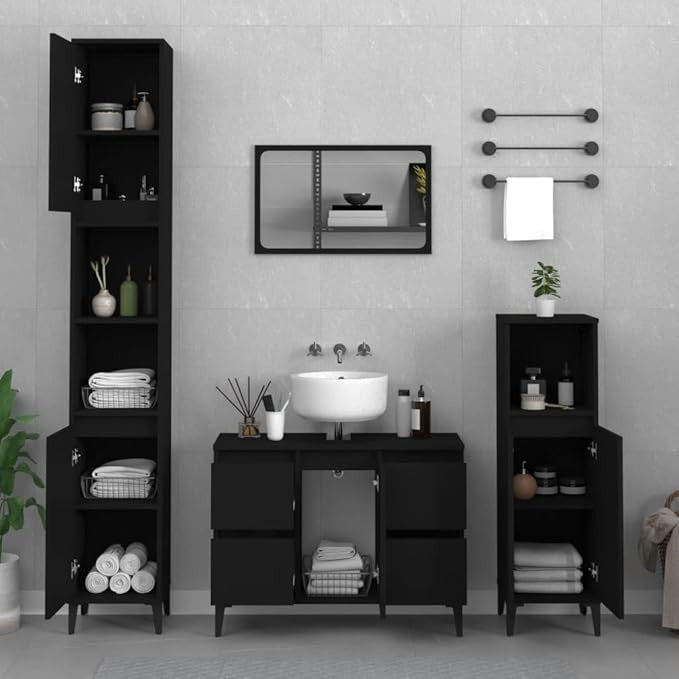 Black Under Sink Bathroom Cabinet 80cm Modern Vanity Unit with Drawers & Door