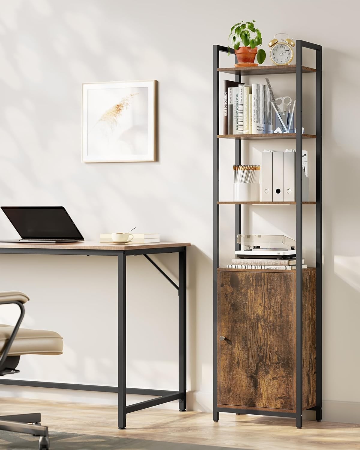 6-Tier Industrial Tall Bookcase with Cabinet, Metal Frame Adjustable Shelves