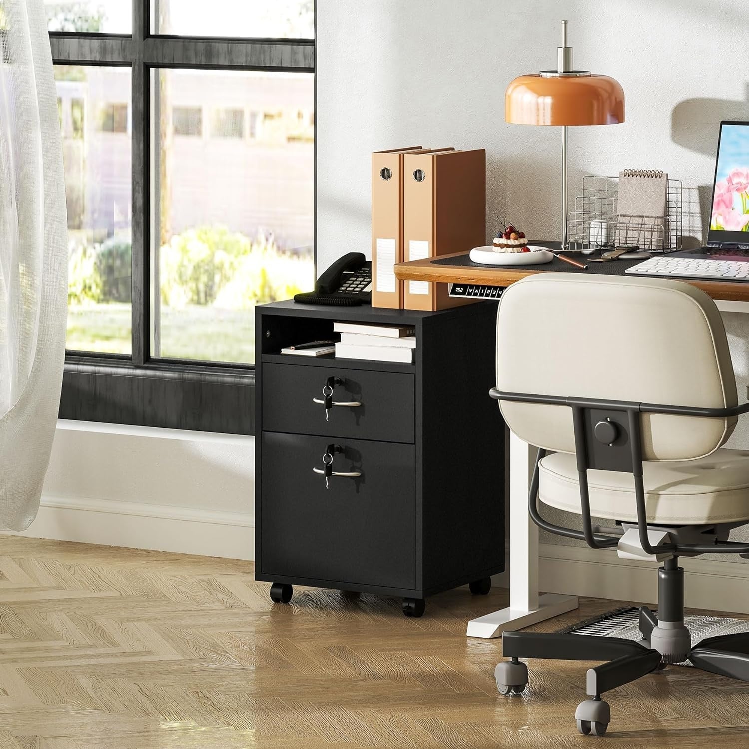 Black Mobile Filing Cabinet with Lockable Drawer & Wheels for Home Office