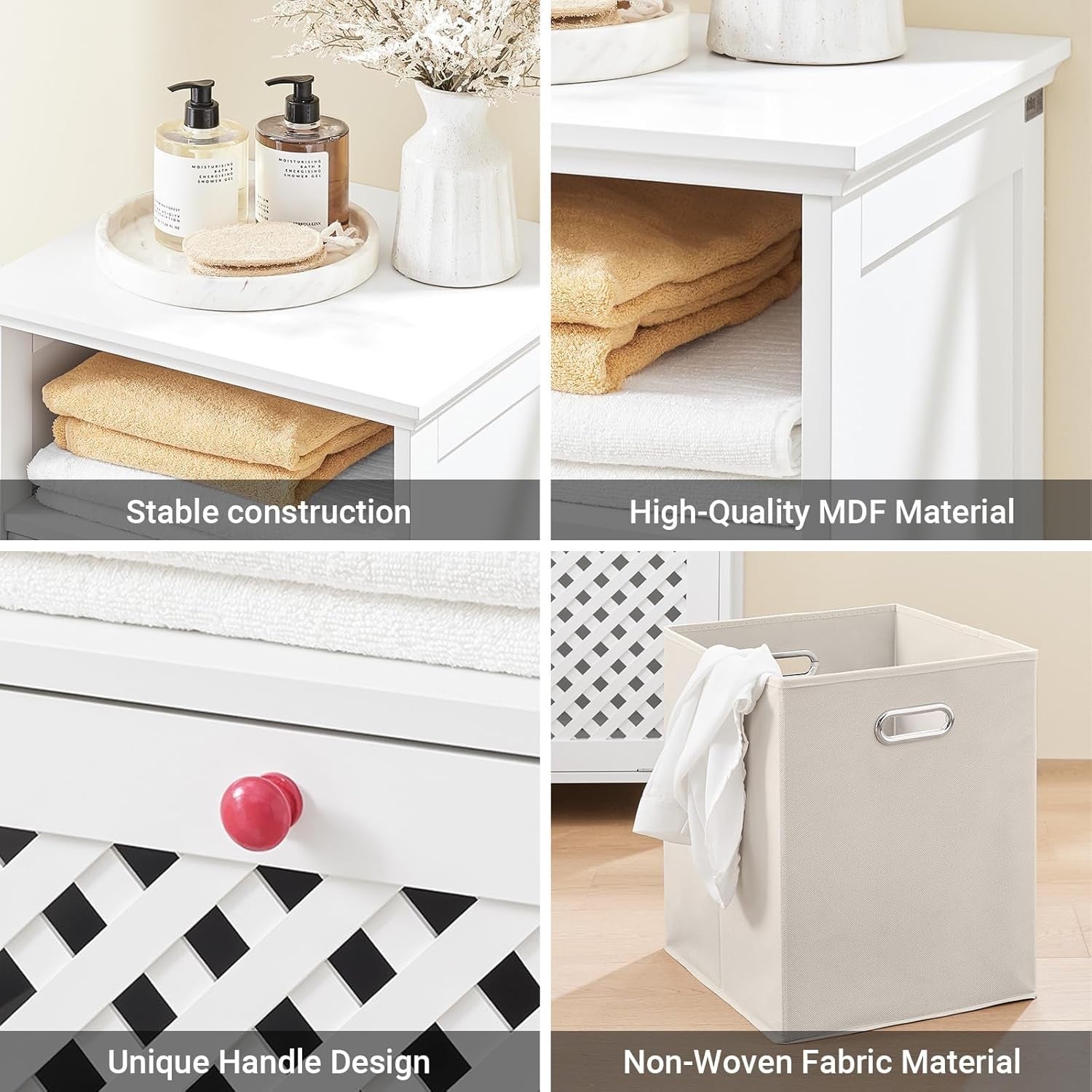 White Bathroom Laundry Cabinet with Tilt Basket & Open Shelf Slim Unit 87cm