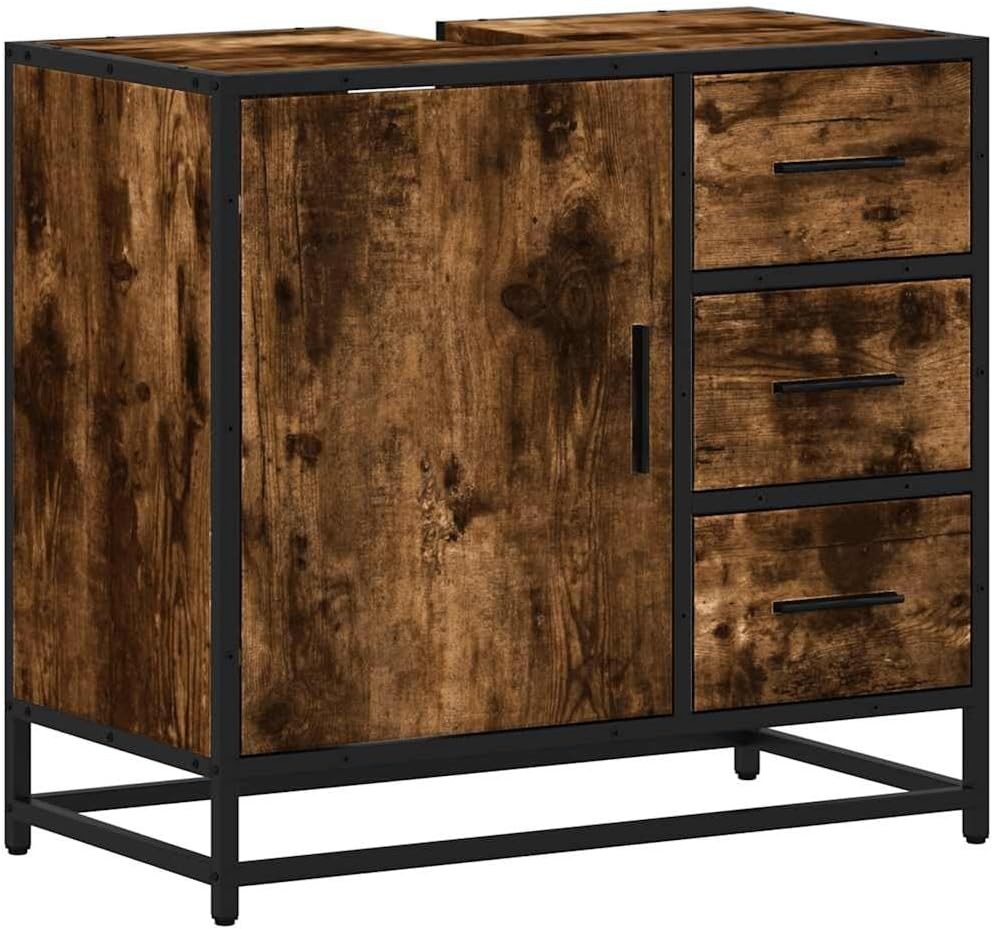 Smoked Oak Bathroom Sink Cabinet Industrial Vanity Storage Unit 65x33x60cm